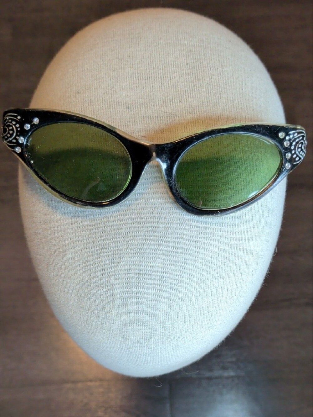 Vintage 50s Cateye Sunglasses Olive Green w/ Crystals MCM Rx Ready Glasses